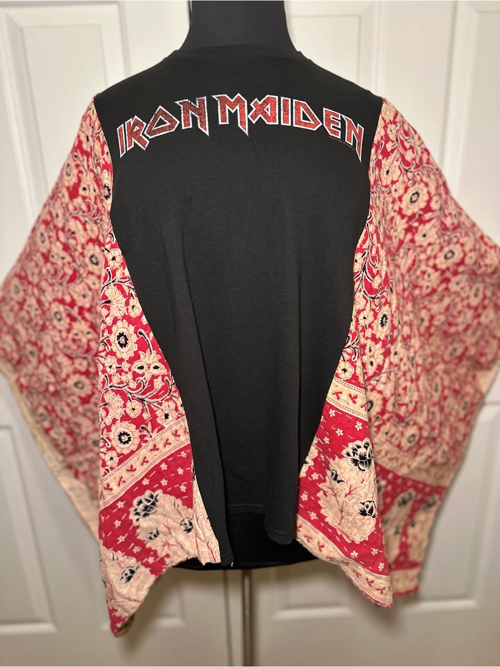 Kantha T-shirt Iron Maiden Black Tee poncho kimono sleeve Red Paisley Kantha